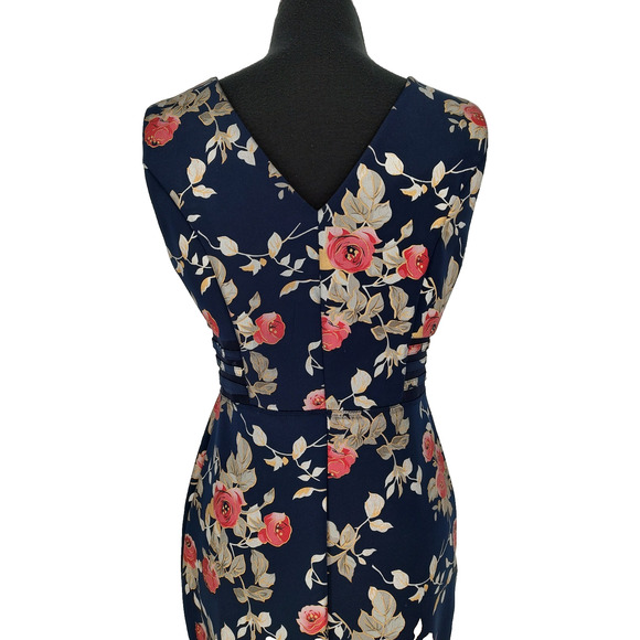 En Focus Studio Woman Blue Floral Sheath Dress Sz 8 Netting Detail Neck & Sides - Picture 2 of 8